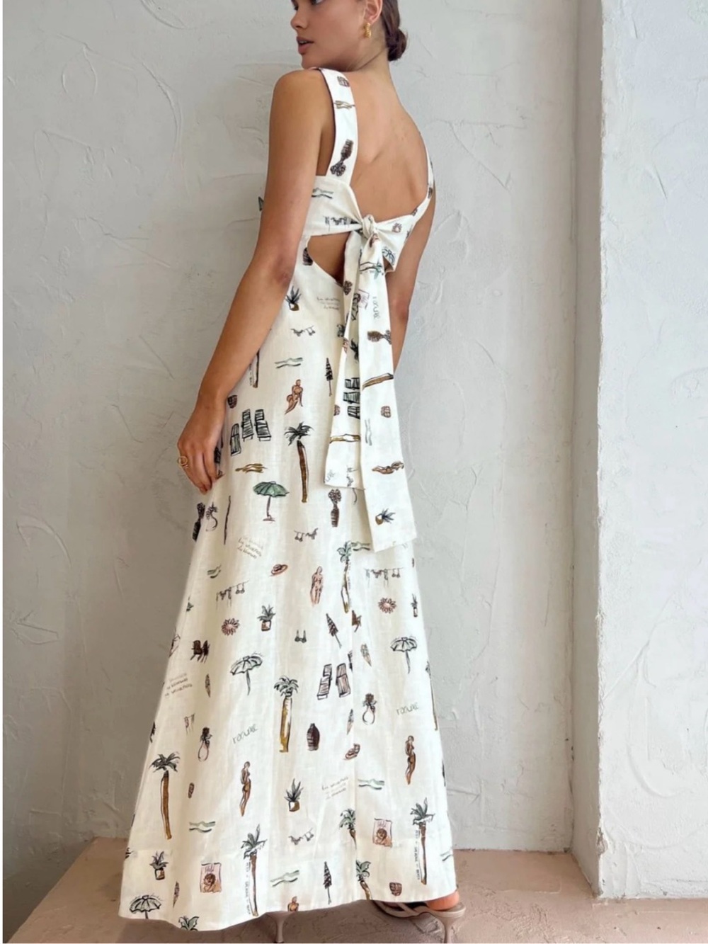 NWT Commense Tropical Print Knotted Linen-Blend Maxi Dress with Tie Detail